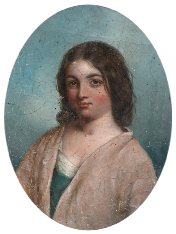 Portrait of a young woman wearing a green dress and pink shawl by Italian School