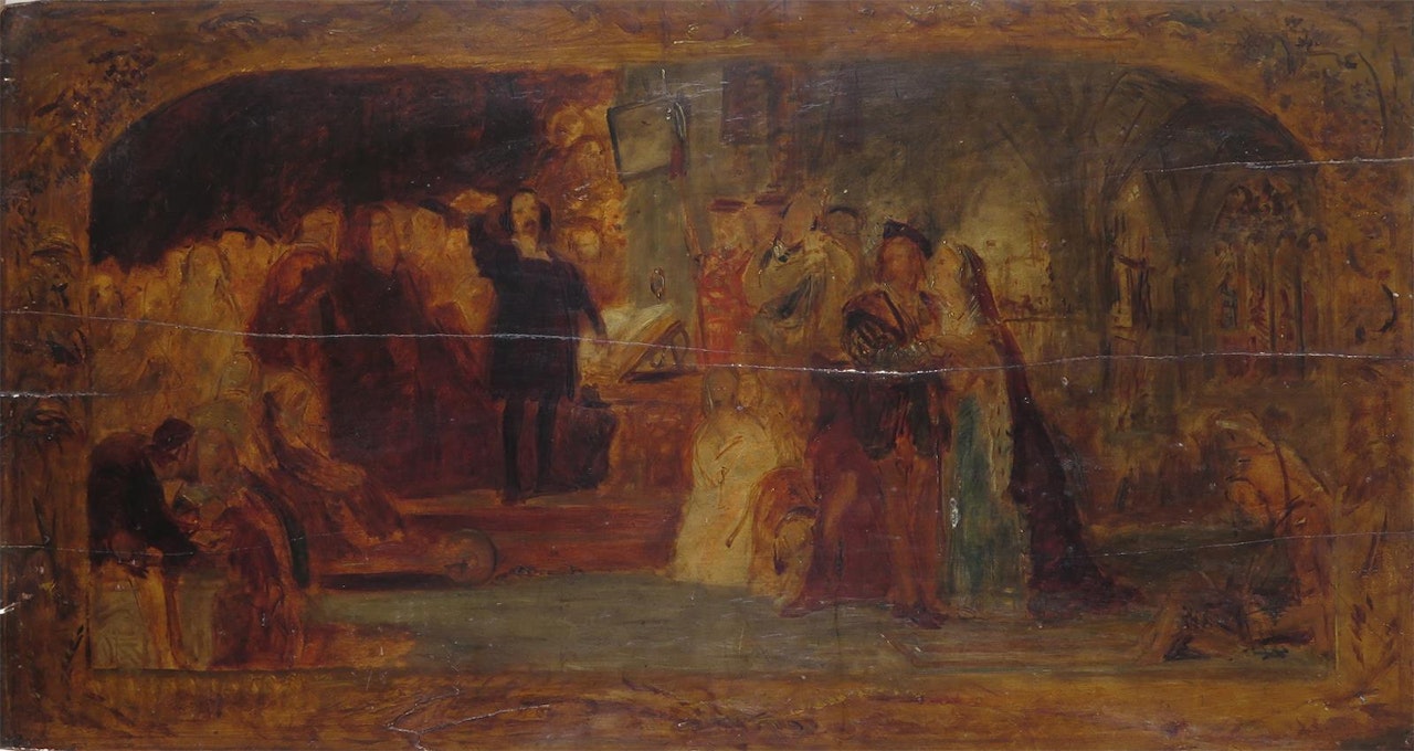 Interior scene in Elizabethan times by English School