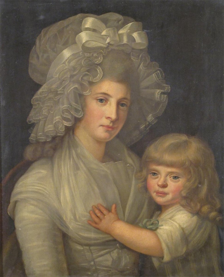 Portrait of Mary Morgan, neé Webster, wife of The Rev. Nathaniel Morgan, with their daughter Louisa Both half length by English School