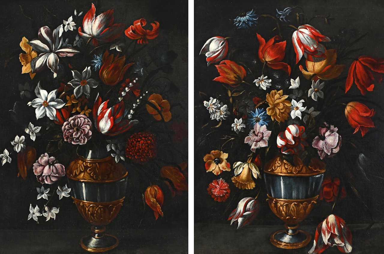 Still life with tulips, narcissus, chrysanthemum, Turk"s-cap lilly and other flowers in a gilt-decorated vase; Still life with tulips, narcissus, chrysanthemum and passion flowers in a gilt-decorated vase by Spanish School