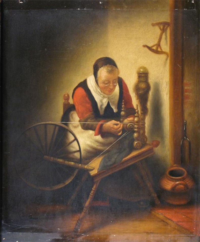 A woman spinning at a wheel by Dutch School