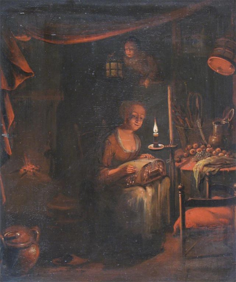 A woman lacemaking in an interior by candlelight by Dutch School