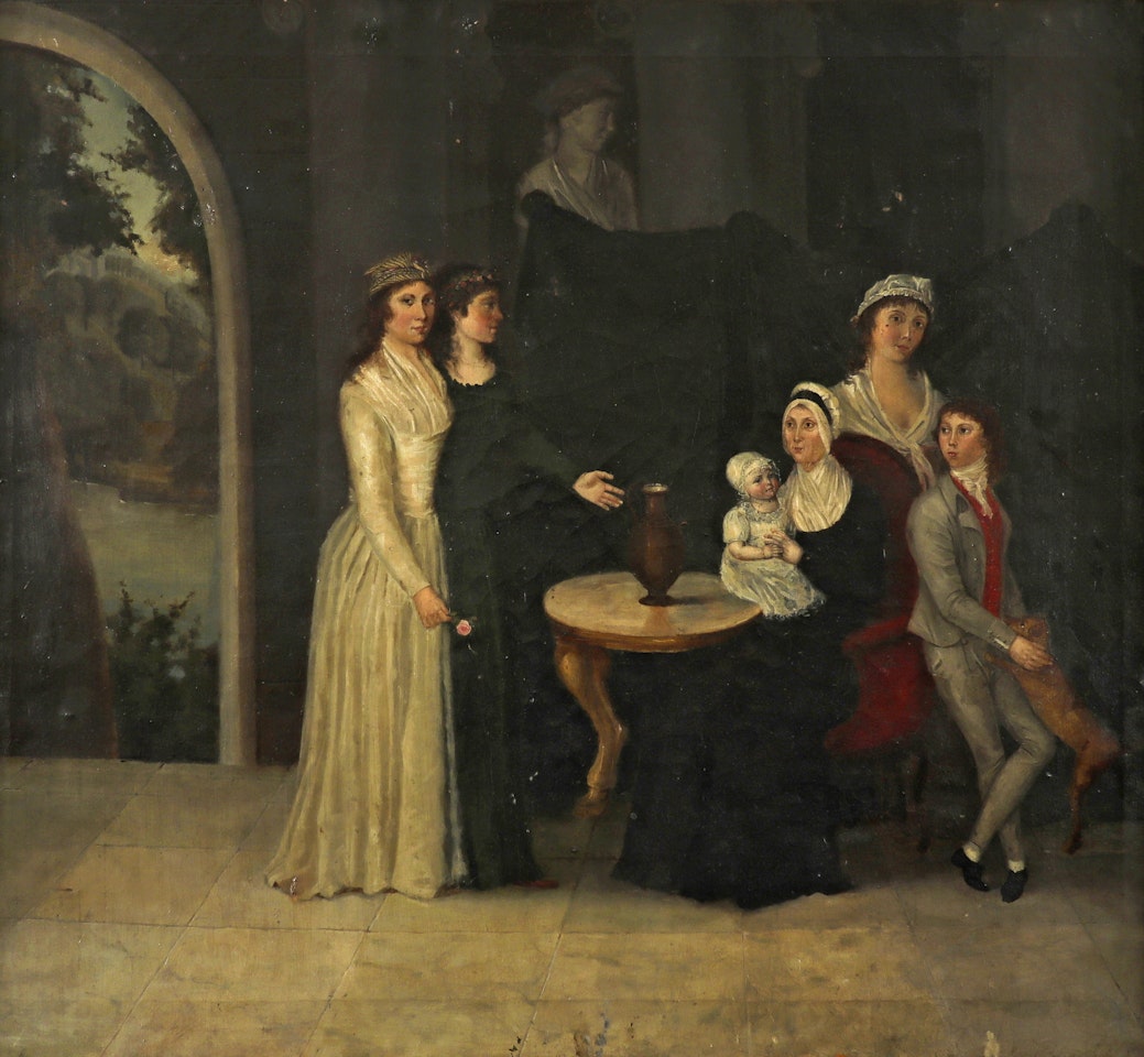 Portrait of a young lady being presented to a family by English School