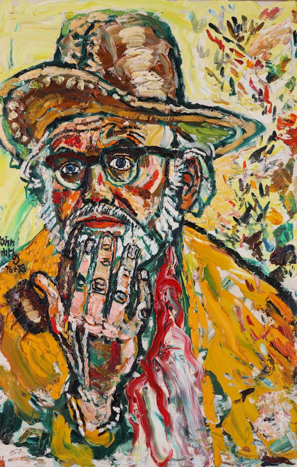 Self portrait of a man in a hat by John Bratby