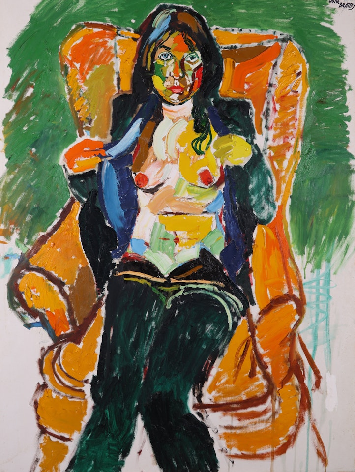 Portrait of Diane Hills seated in an orange armchair by John Bratby