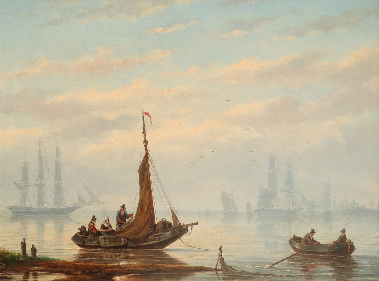 Shipping in a calm estuary by Dutch School