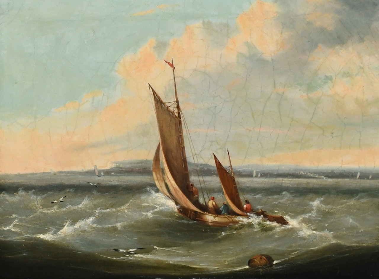 Seascape with fishermen in choppy coastal waters by English School
