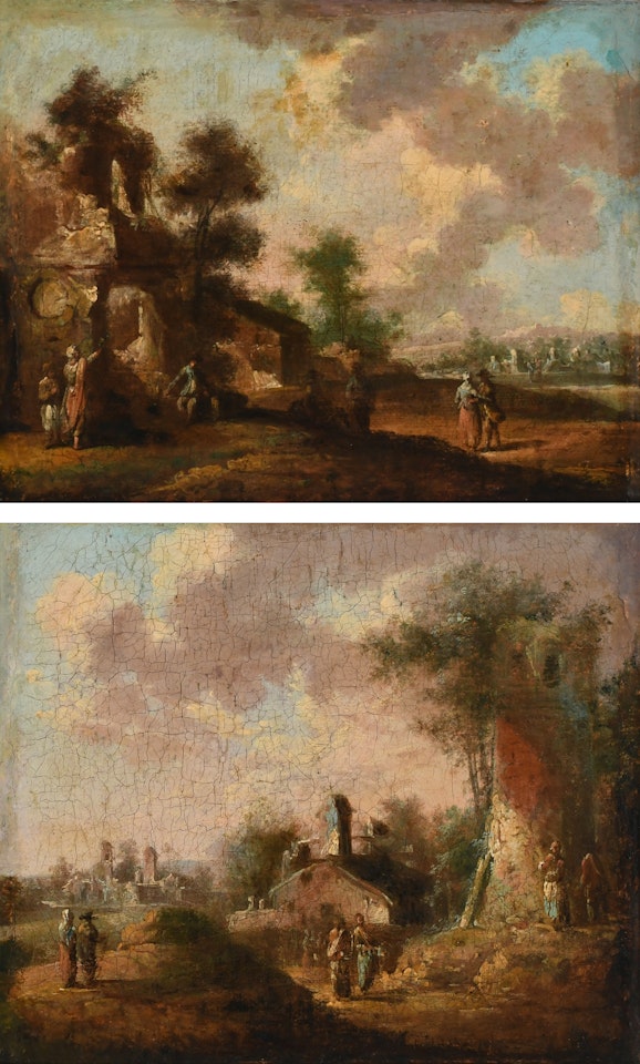 Italianate landscape with figures resting by some ruins; Landscape with figures on a path below a ruined tower by Continental School