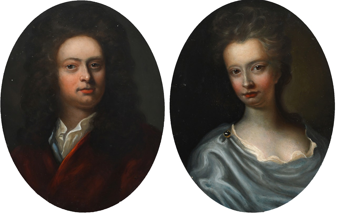 Portrait of a gentleman, traditionally identified as Sir John Raines, bust-length, wearing a red cloak; Portrait of a lady, traditionally identified as Lady Raines, bust-length, wearing a blue cloak by English School