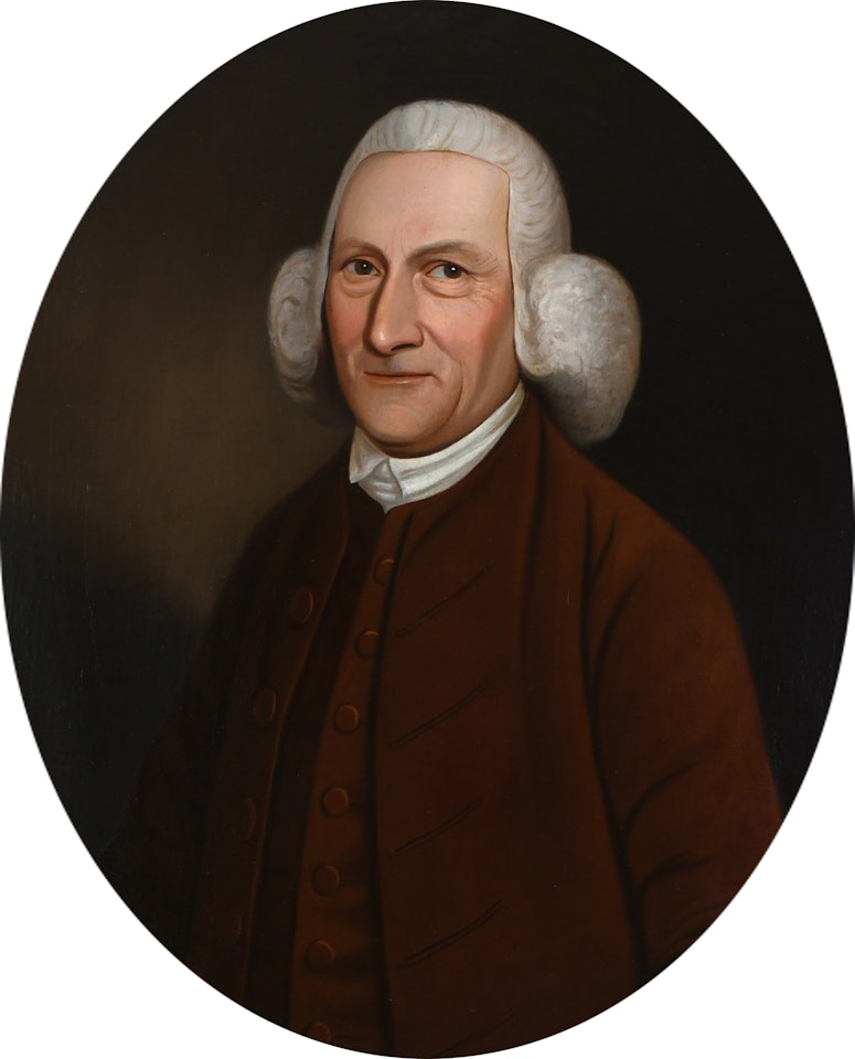 Portrait of a gentleman, half-length, wearing a brown coat and waistcoat and powdered wig by English School
