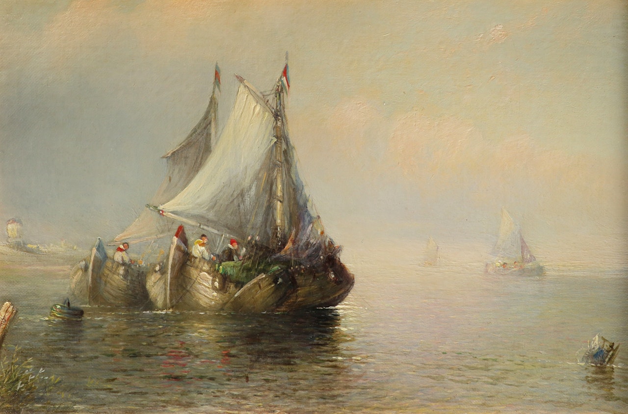 Coastal barges in calm waters by English School