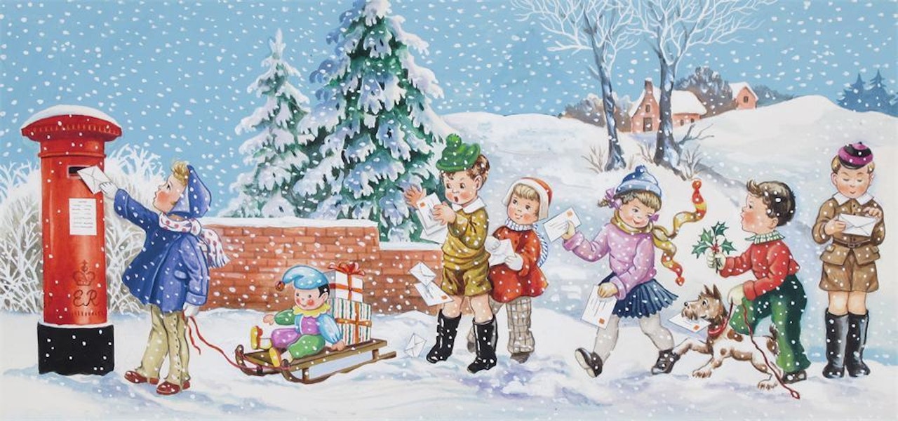 Illustrations of children"s Christmas scenes by English School