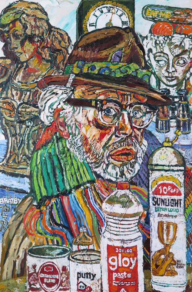 Self portrait wearing a hat with still life of a clock, busts and bottles by John Bratby