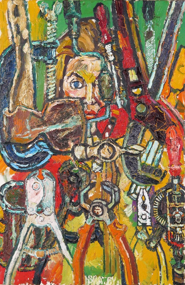 Still life of tools with a portrait by John Bratby