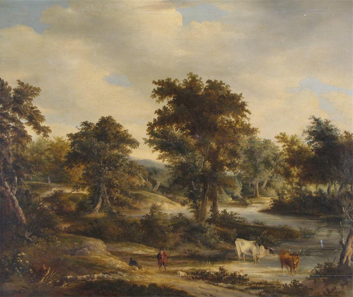 Rustics and cattle in a wooded landscape by Dutch School