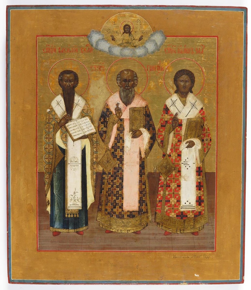Icon of the Founding Fathers of the Church, Saints Basil, Gregory, Nazianzus and John Eleimon by Russian School