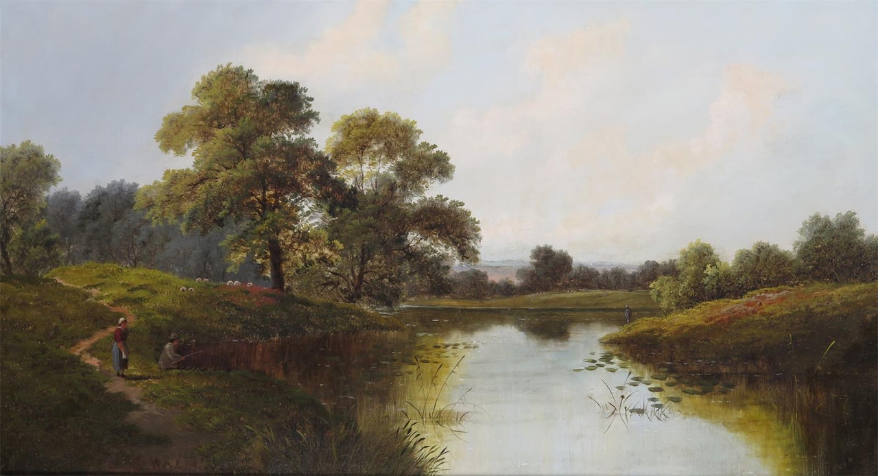 Figures in a river landscape by English School