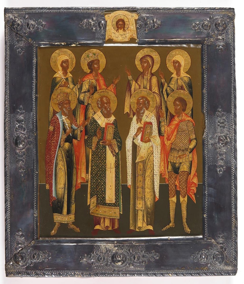 Icon of a group of eight saints, with King David with saints Nicholas, Basil and Nikita by Russian School