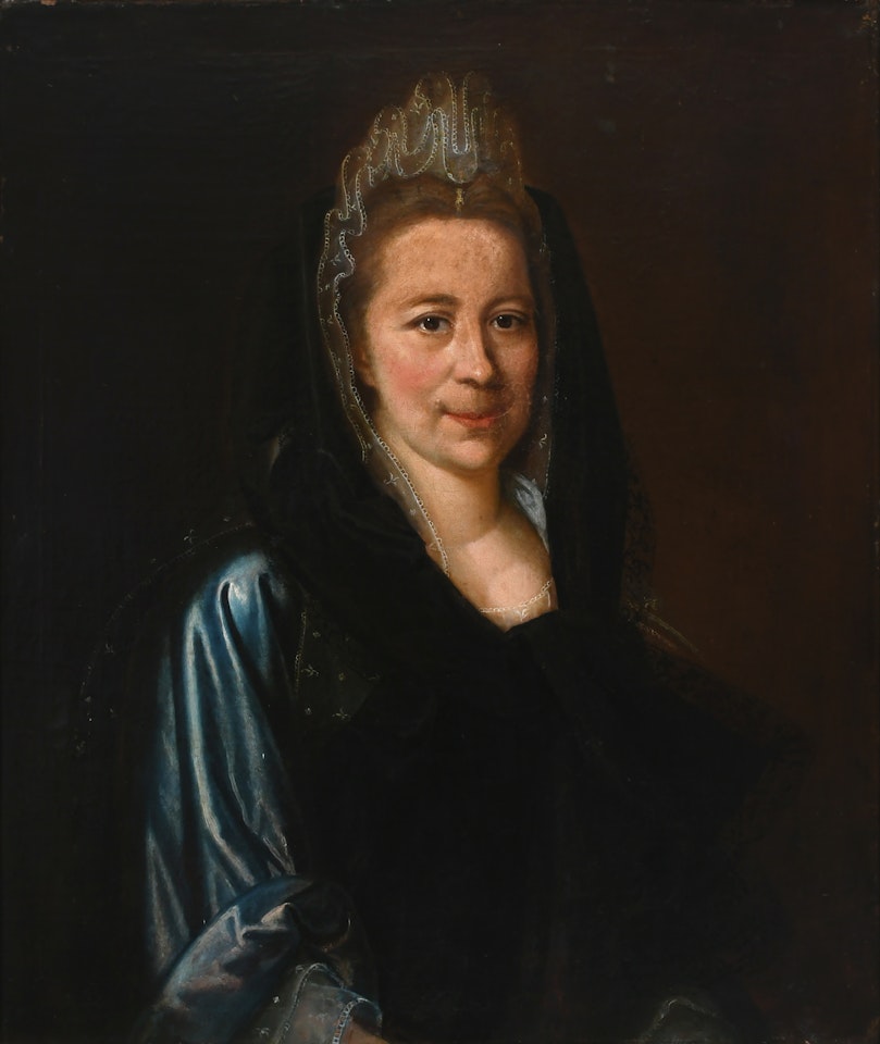 Portrait of Mrs Edward Drury Butts, half-length, wearing a blue dress, lace headdress and black shawl by English School