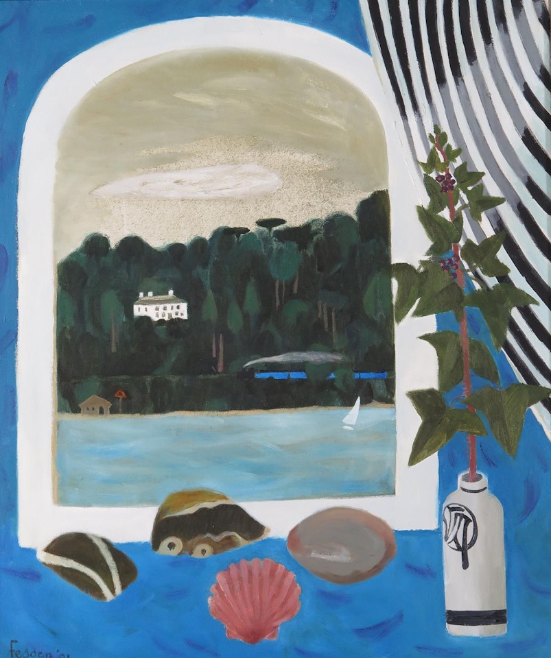 Still life with a view through the window of Agatha Christie"s house Greenway in Devon by Mary Fedden