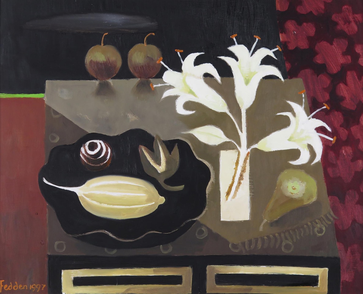 Still life of lilies and fruit by Mary Fedden