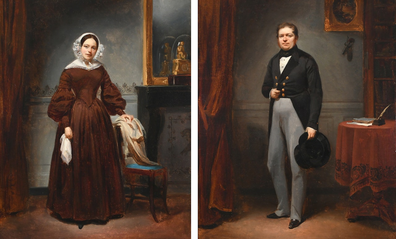 Portrait of a gentleman, full-length, wearing a black coat and holding a top hat, standing in an interior; Portrait of a lady, wearing a brown dress, holding a handkerchief, standing in an interior by French School