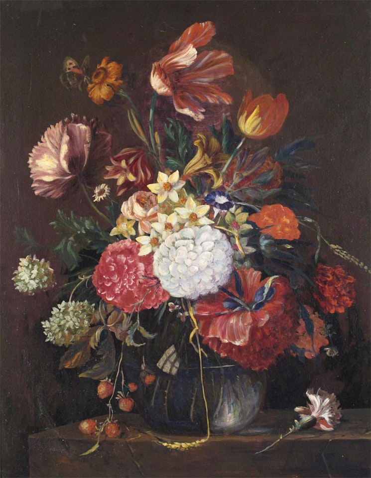 Still life of flowers in a vase on a ledge by Dutch School