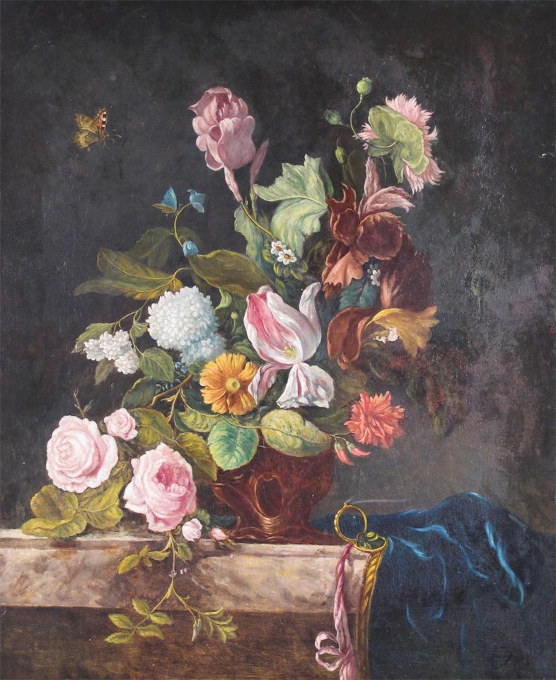 Still life of summer flowers on a table by English School