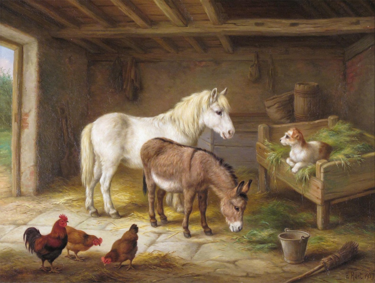 Farm animals in a stable by Edgar Hunt
