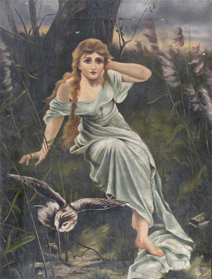 Lady in a landscape with an owl by English School