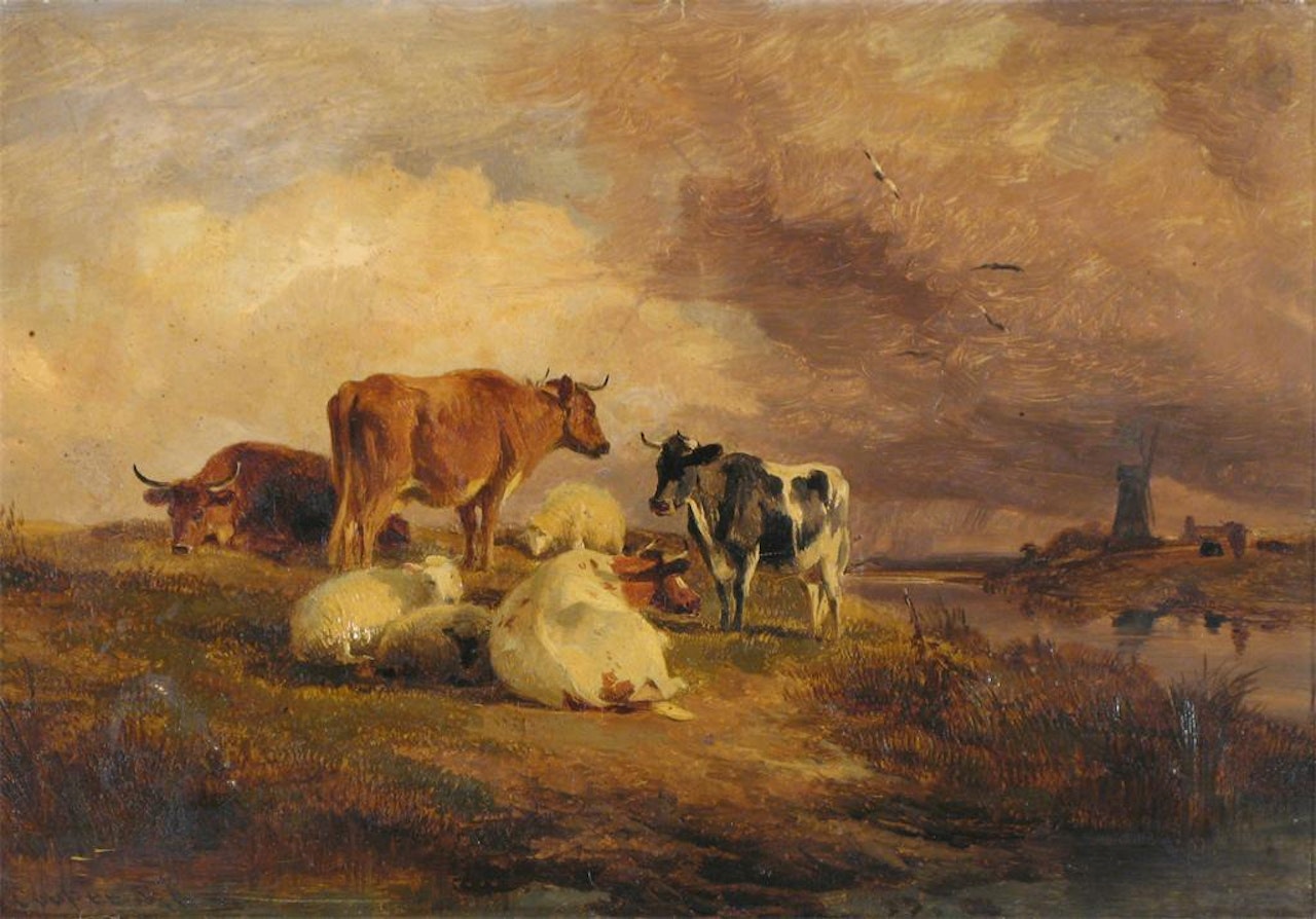 Sheep and cattle in a landscape, a windmill beyond by Thomas Sidney Cooper
