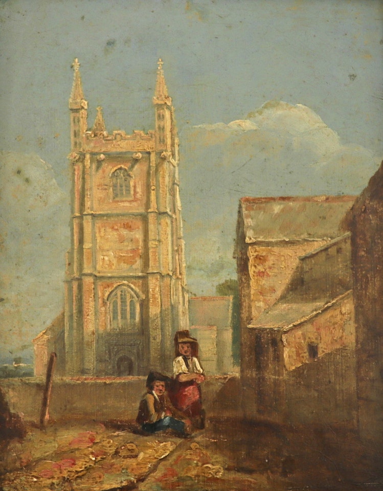 Children in front of a church by English School