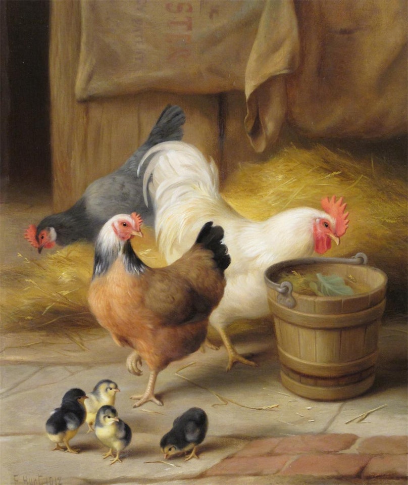 Chickens and chicks in a barn by Edgar Hunt