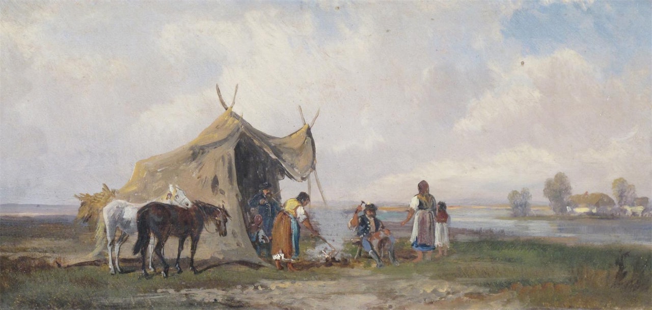 Gypsy encampment by a lake by Continental School