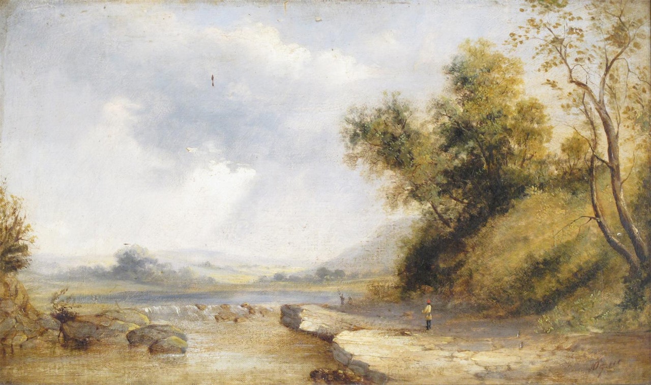 River landscape by English School