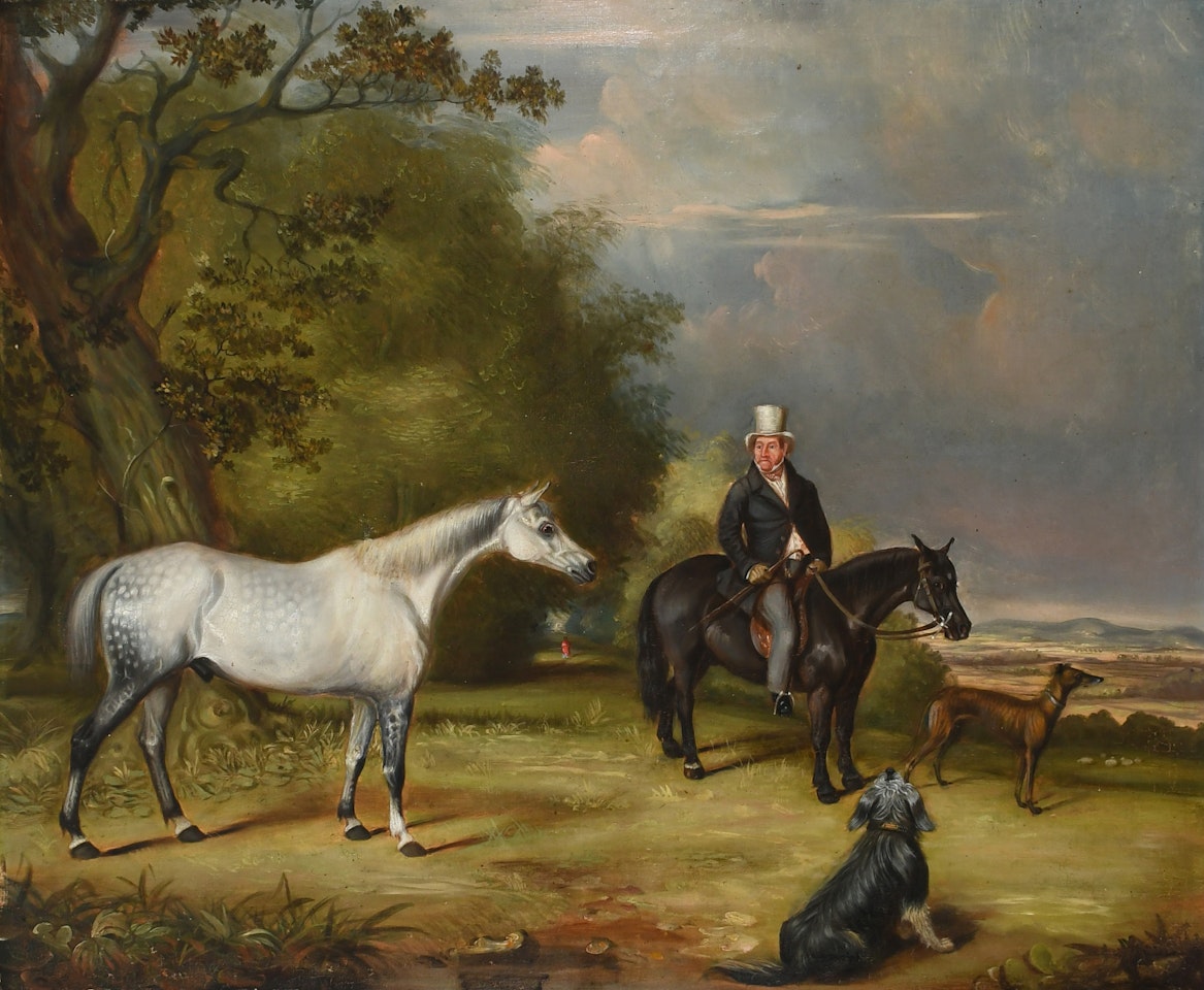 Portrait of a gentleman on a black horse, together with a grey hunter, and two dogs in a landscape by English School