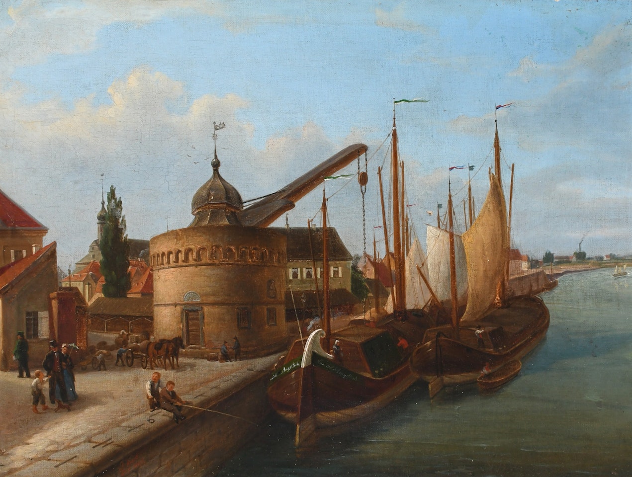 Loading barges on a canal, with an elegant couple on the bank by Dutch School