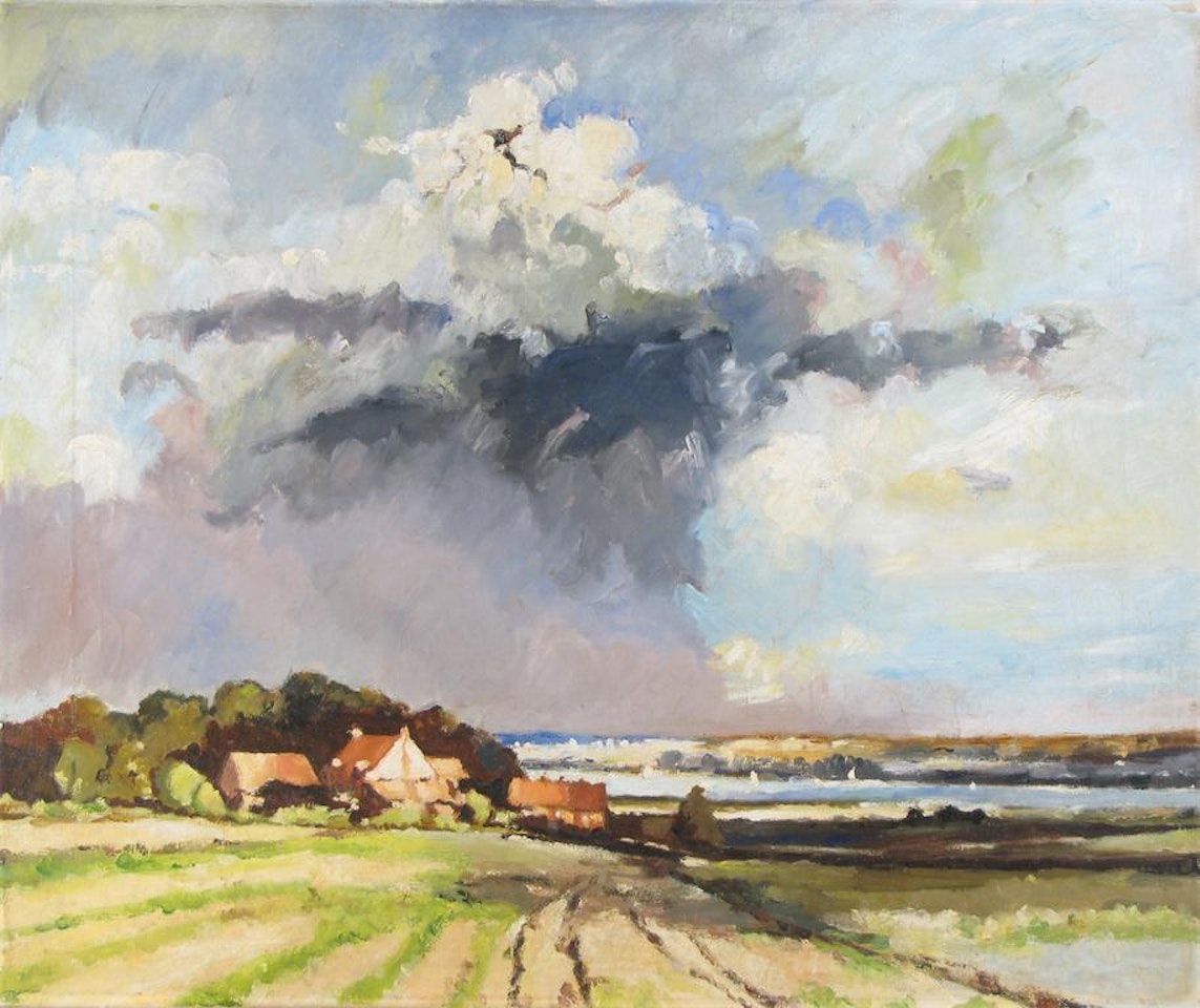 Stormy skies over a coastal landscape by English School