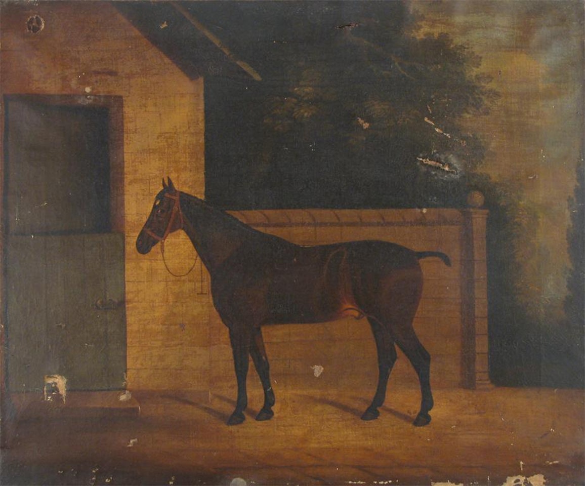 A horse by a stable by English School