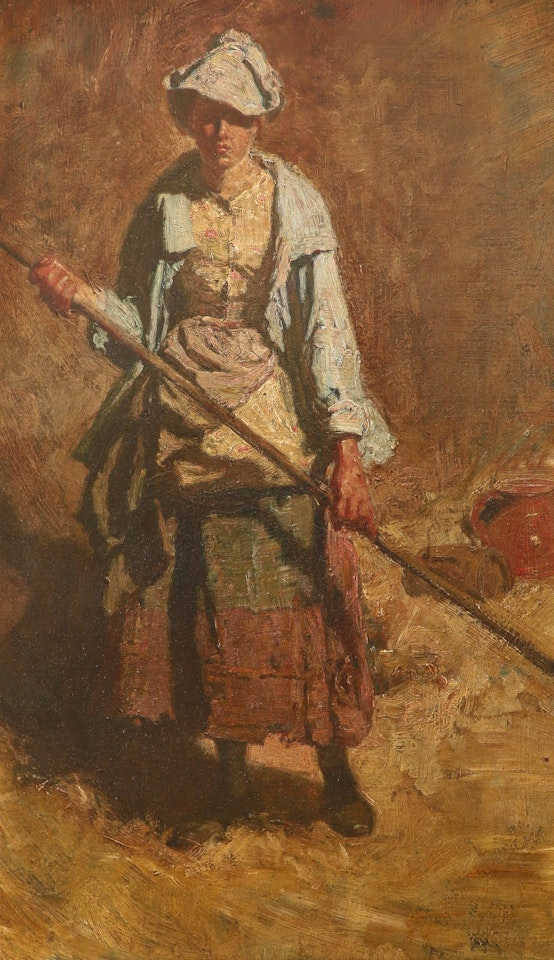 A haymaker holding a rake by French School