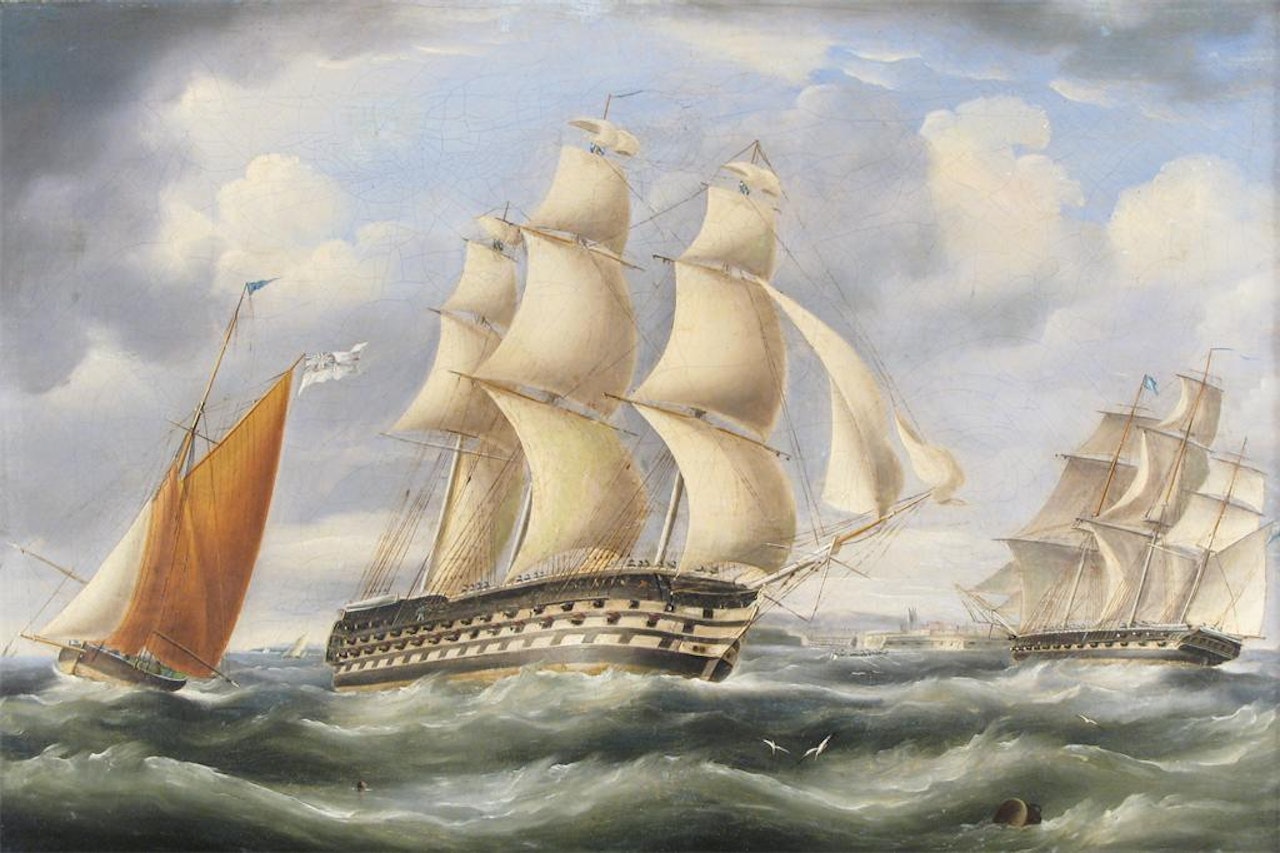 Sailing ships off the coast a Harbour beyond by English School