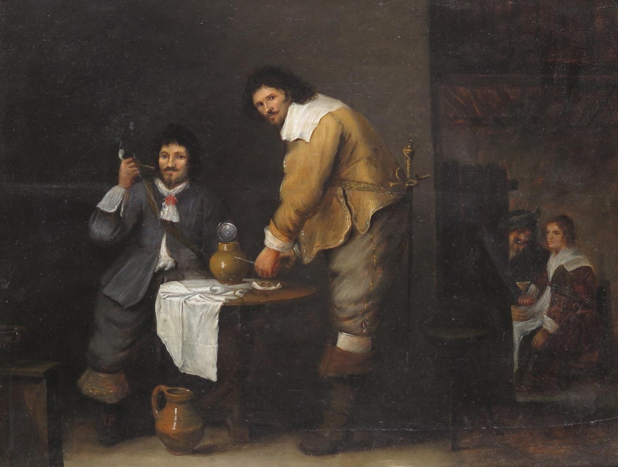 A tavern interior with two men at a table by Dutch School