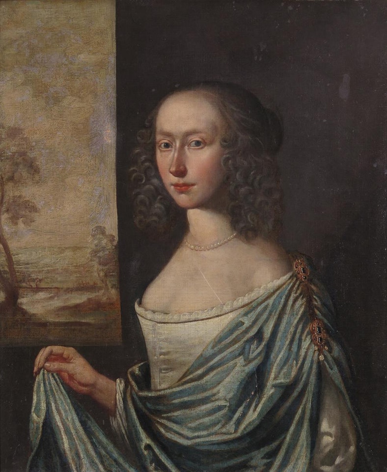 Portrait of a lady, half length standing by a window, a landscape beyond by English School