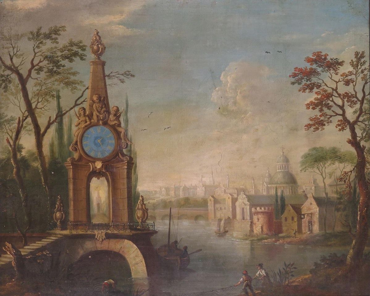 A river landscape with a capriccio of buildings and a monument with a clock by Continental School