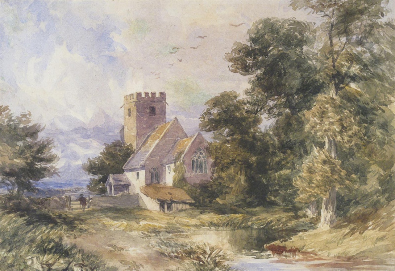 A church in a wooded landscape by English School