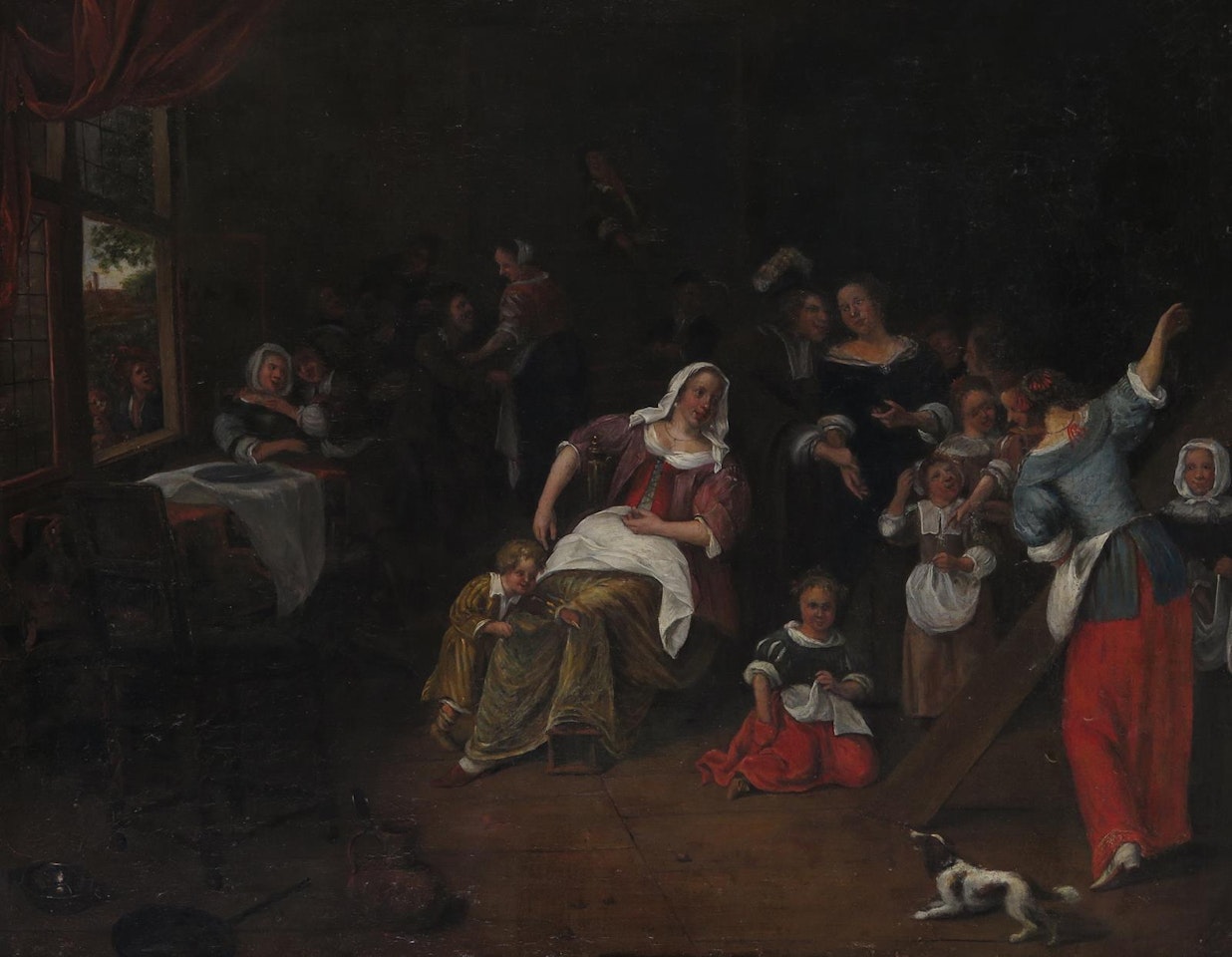 A busy interior scene with numerous figures making merry by Dutch School