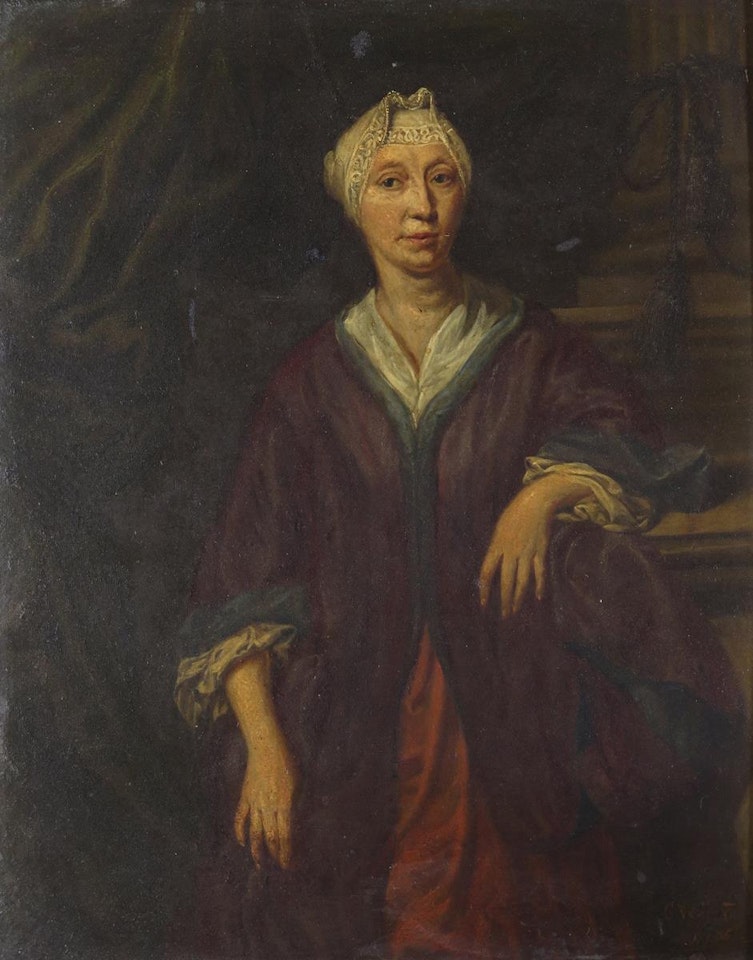 Portrait of a lady wearing a bonnet and red cloak by Dutch School