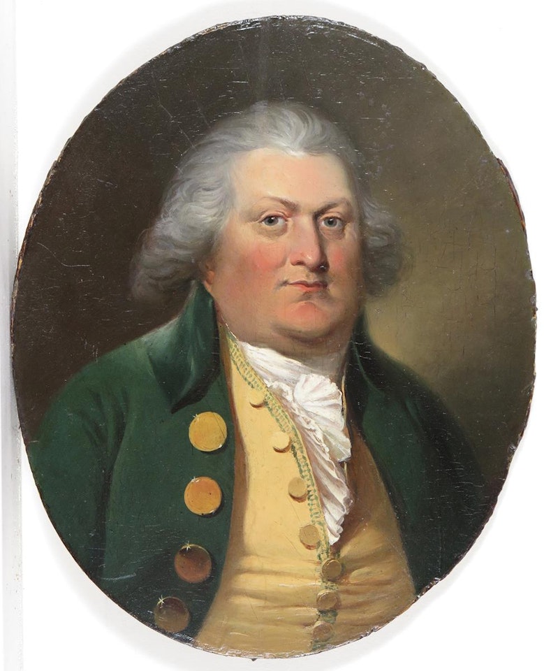 Portrait of a gentleman, head and shoulders, wearing a green coat by English School