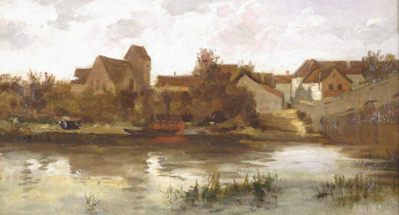 A village by the river at dusk by French School