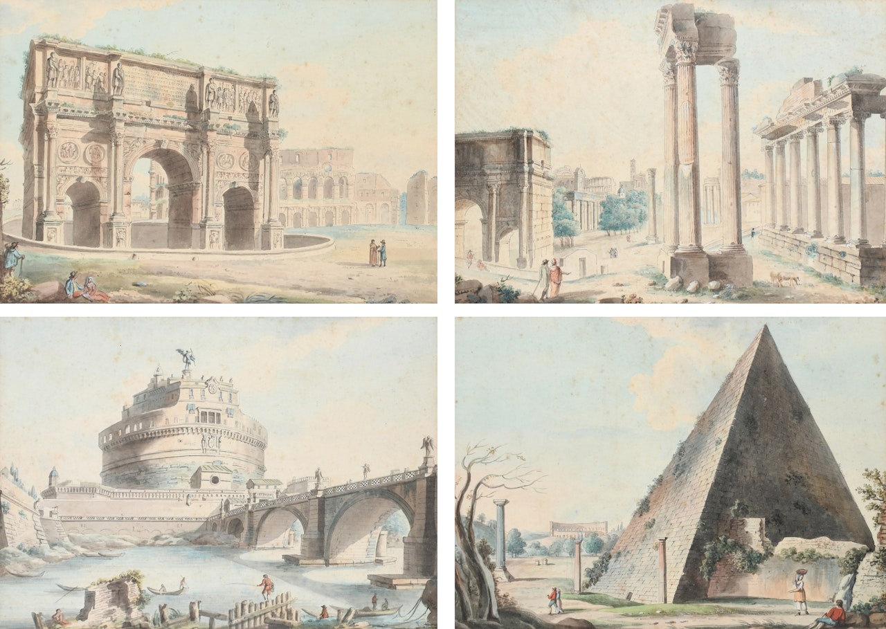 View of the Arch of Constantine with the Colosseum beyond; View of the Roman Forum; View of the Castel Sant"Angelo with figures fishing in the Tiber; Figures by the Pyramid of Cestius; View of the Tomb of Caecilia Metella by English School